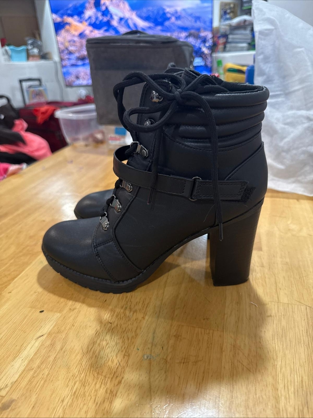 Women's Black Lace-Up High Heel Ankle Boots with Buckle Strap